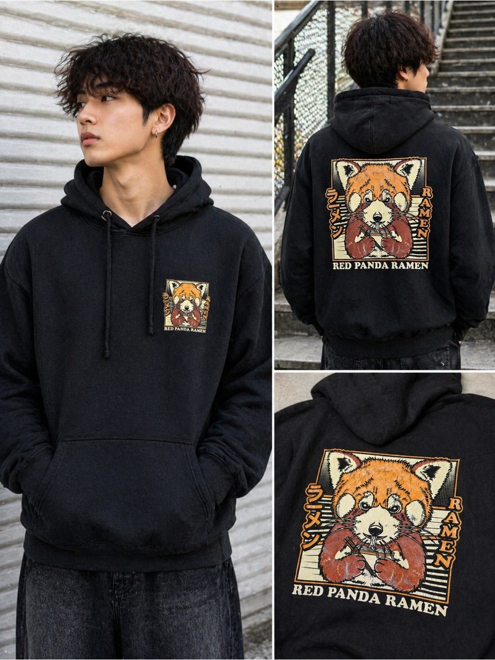 Red Panda Ramen Hoodie SCW Medium Black Graphic Anime Streetwear Unisex